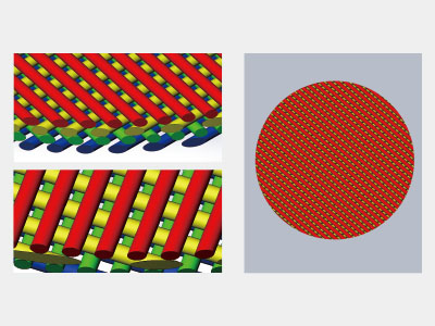 3D细胞培养支架结构图，基本结构为每层之间纤维交错90°，每2层之间纤维平行且不正对